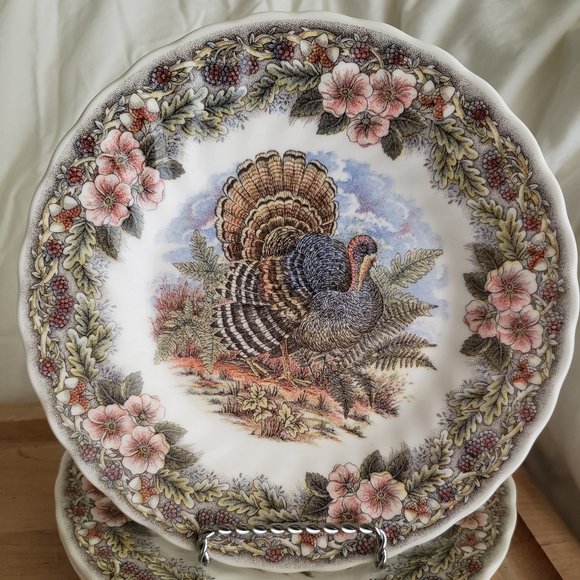 **SOLD*Queens Myott Thanksgiving Turkey (5) 8” Dessert Plates w/Sugar & Creamer - Picture 2 of 7